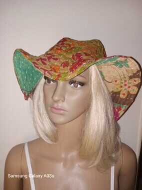 Kantha Sun Hat L Brown Green Red Reversible Handmade Bucket Hat New KS5.